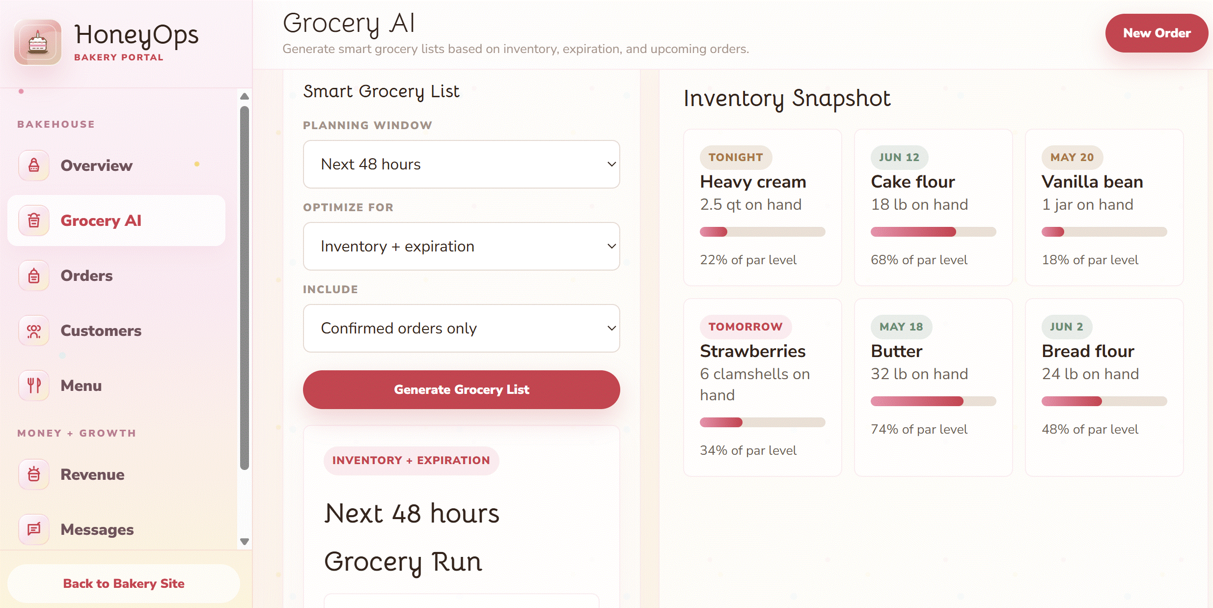 HoneyOps grocery AI generator screen