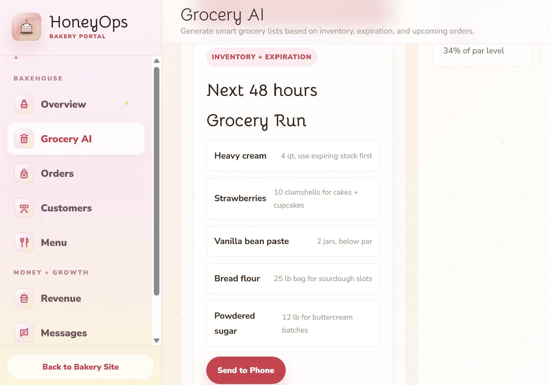 HoneyOps generated grocery run list