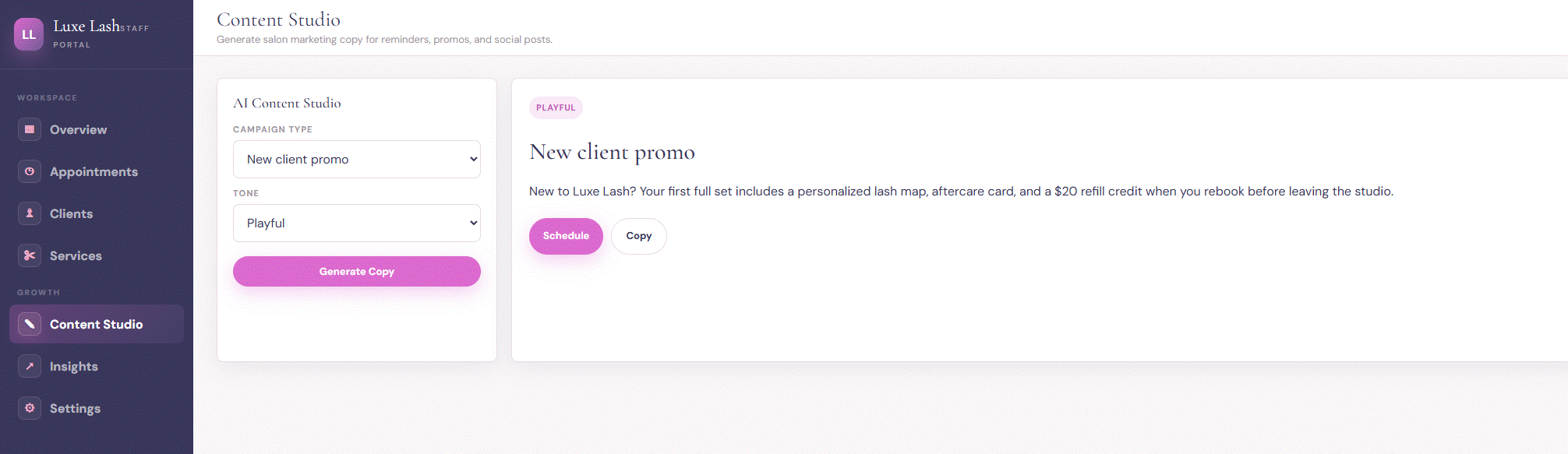 Salon content generator screen