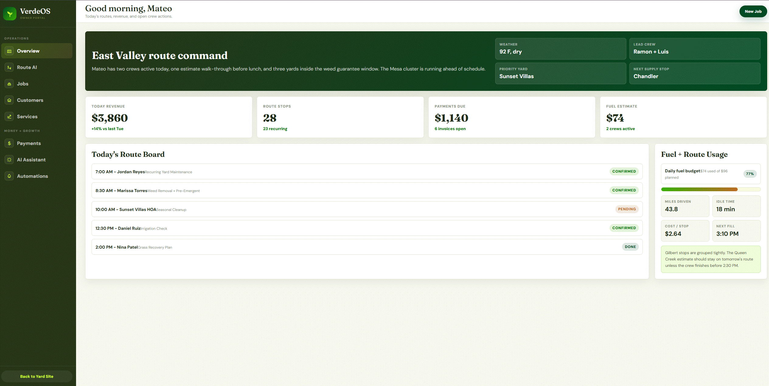 VerdeOS landscaping CRM dashboard